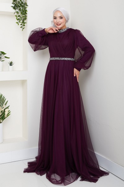 Yaka ve Bel Taş Detaylı Büyük Beden Tesettür Abiye Esna - Mürdüm